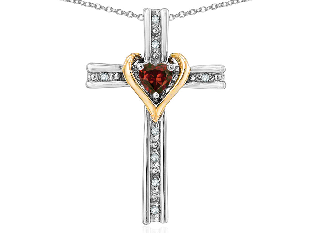 Star K 10k Yellow Gold Two Tone Love Cross with Genuine Garnet Heart Stone Pendant Necklace 16 x 25mm