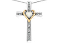 Star K 10k Yellow Gold Two Tone Love Cross with Genuine Opal Heart Stone Pendant Necklace 16 x 25mm