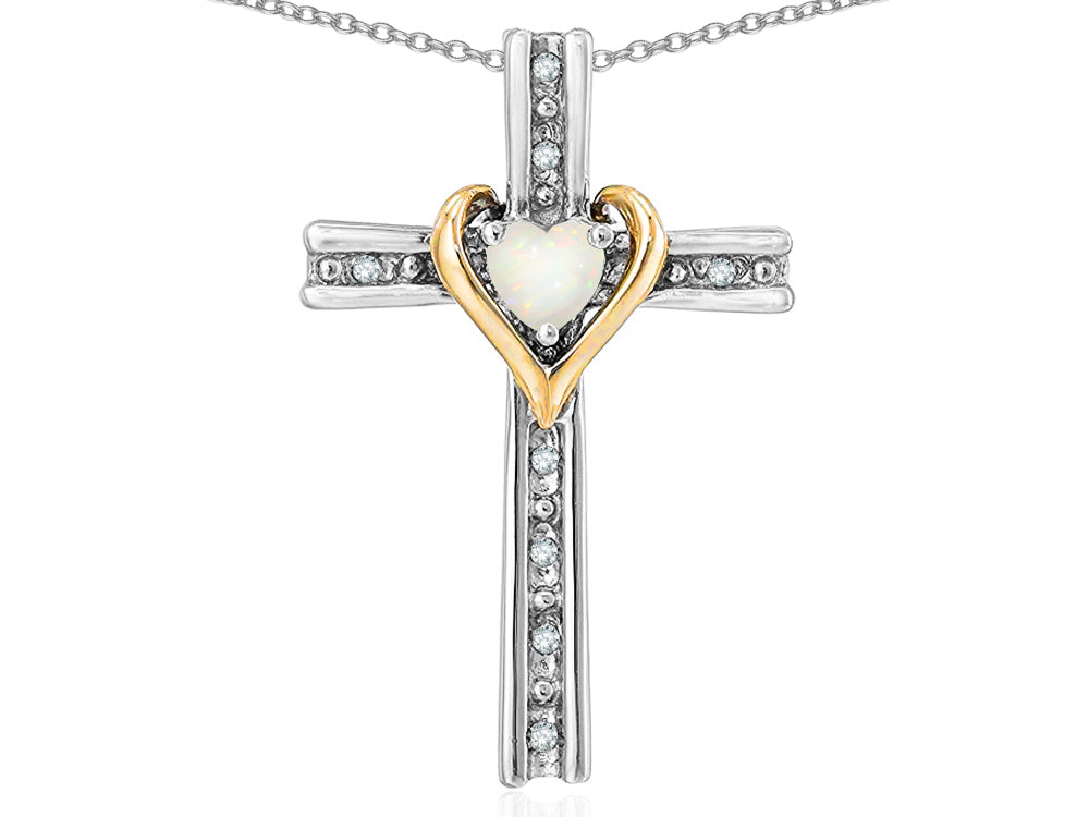 Star K 10k Yellow Gold Two Tone Love Cross with Genuine Opal Heart Stone Pendant Necklace 16 x 25mm