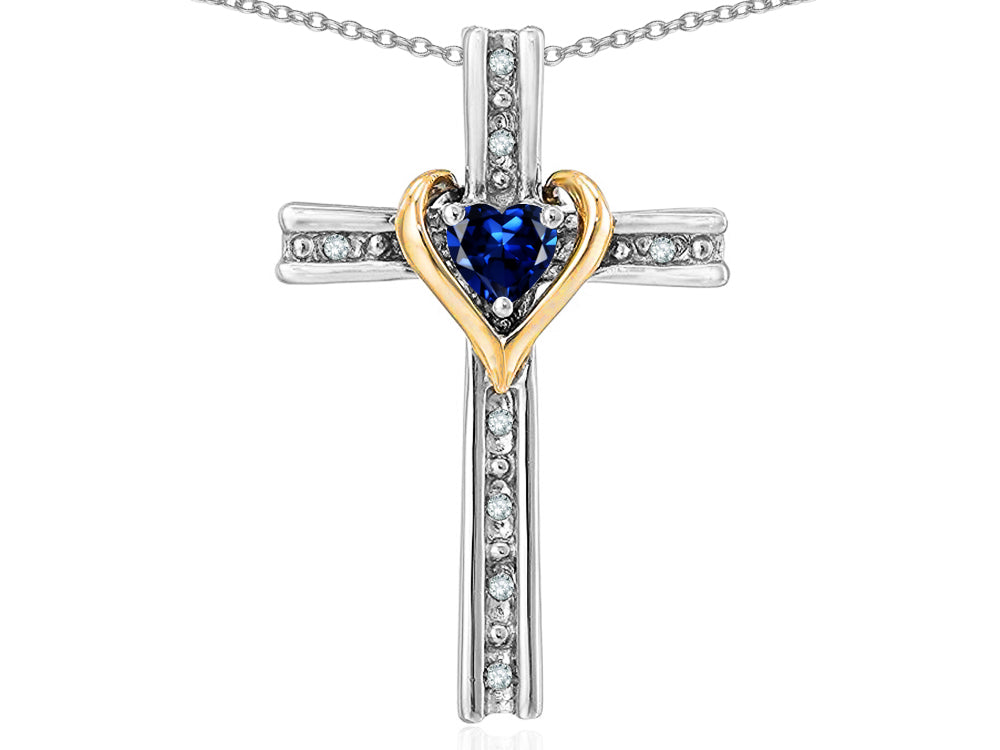 Star K 10k Yellow Gold Two Tone Love Cross with Created Sapphire Heart Stone Pendant Necklace 16 x 25mm