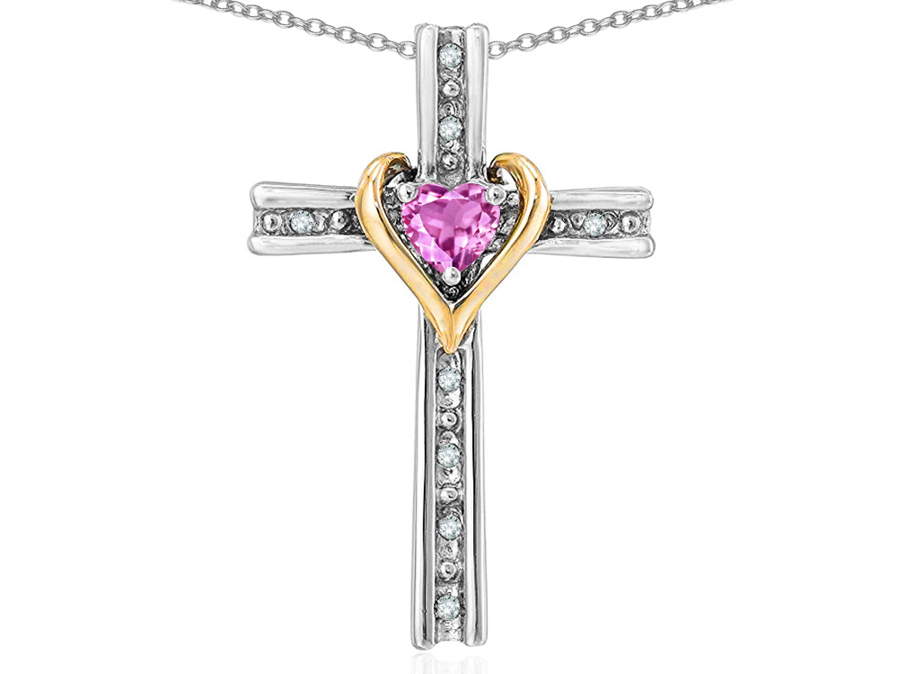 Star K 10k Yellow Gold Two Tone Love Cross with Created Pink Sapphire Heart Stone Pendant Necklace 16 x 25mm
