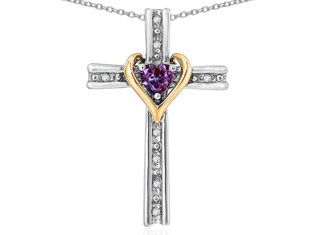 Star K 10k Yellow Gold Two Tone Love Cross Simulated Alexandrite Heart Stone Pendant Necklace 16 x 25mm