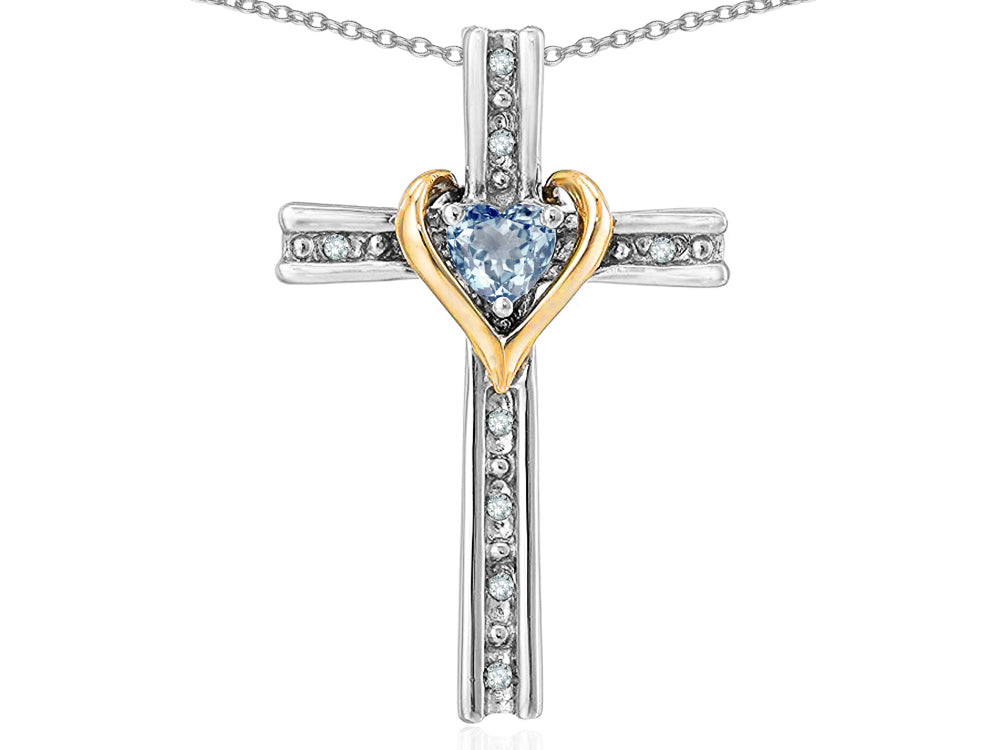 Star K 10k Yellow Gold Two Tone Love Cross with Simulated Aquamarine Heart Stone Pendant Necklace 16 x 25mm