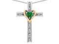 Star K 10k Yellow Gold Two Tone Love Cross with Simulated Emerald Heart Stone Pendant Necklace 16 x 25mm