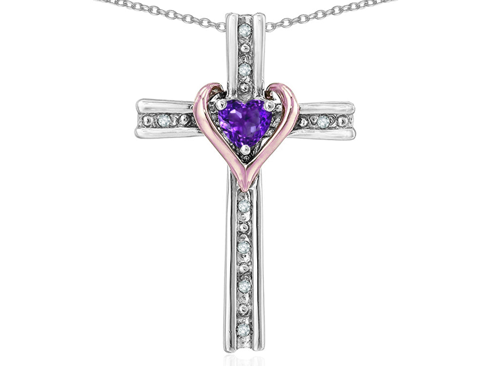 Star K 14k Rose Gold Two Tone Love Cross with Genuine Amethyst Heart Stone Pendant Necklace