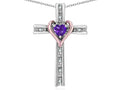 Star K 14k Rose Gold Two Tone Love Cross with Genuine Amethyst Heart Stone Pendant Necklace