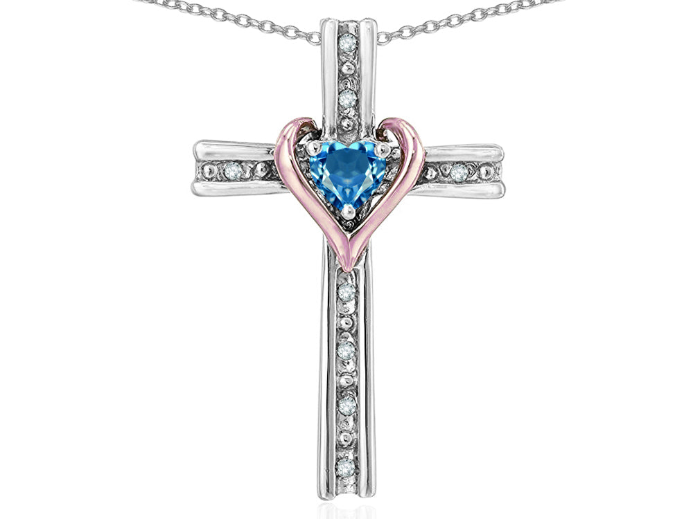 Star K 14k Rose Gold Two Tone Love Cross with Genuine Blue Topaz Heart Stone Pendant Necklace