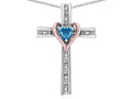 Star K 14k Rose Gold Two Tone Love Cross with Genuine Blue Topaz Heart Stone Pendant Necklace