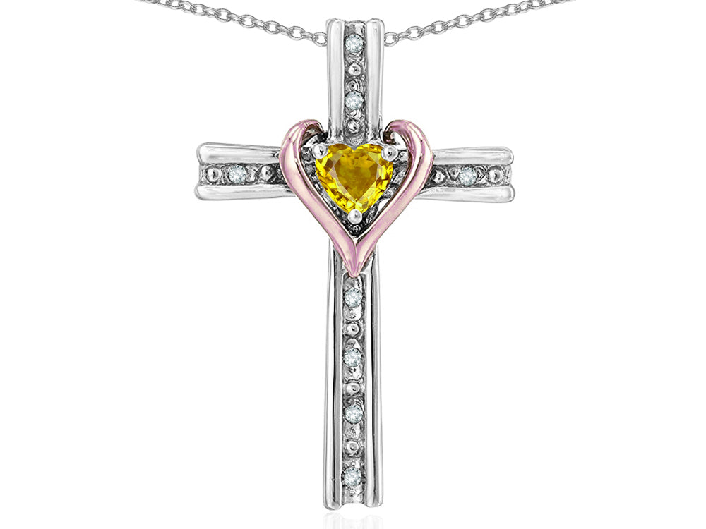 Star K 14k Rose Gold Two Tone Love Cross with Genuine Citrine Heart Stone Pendant Necklace