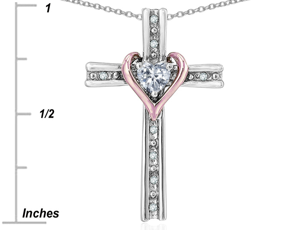 Star K 14k Rose Gold Two Tone Love Cross with Genuine Opal Heart Stone Pendant Necklace