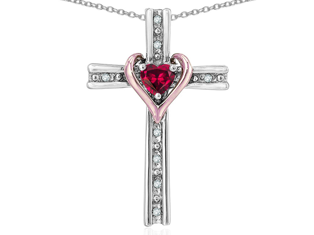 Star K 14k Rose Gold Two Tone Love Cross with Created Ruby Heart Stone Pendant Necklace