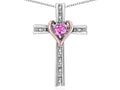 Star K 14k Rose Gold Two Tone Love Cross with Created Pink Sapphire Heart Stone Pendant Necklace