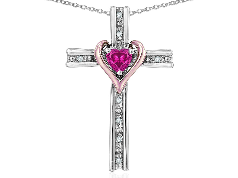 Star K 14k Rose Gold Two Tone Love Cross with Simulated Pink Tourmaline Heart Stone Pendant Necklace