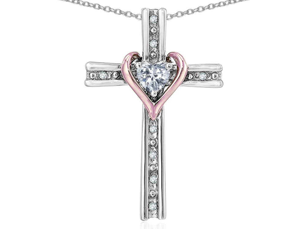 Star K 14k Gold Two Tone Love Cross with Genuine White Topaz Heart Stone Pendant Necklace