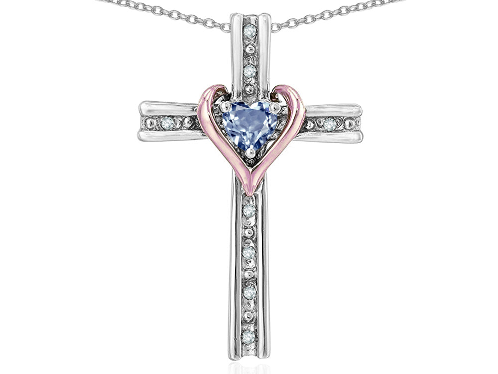 Star K 10k Rose Gold Two Tone Love Cross with Genuine Sky Blue Topaz Heart Stone Pendant Necklace