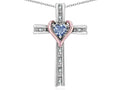 Star K 10k Rose Gold Two Tone Love Cross with Genuine Sky Blue Topaz Heart Stone Pendant Necklace