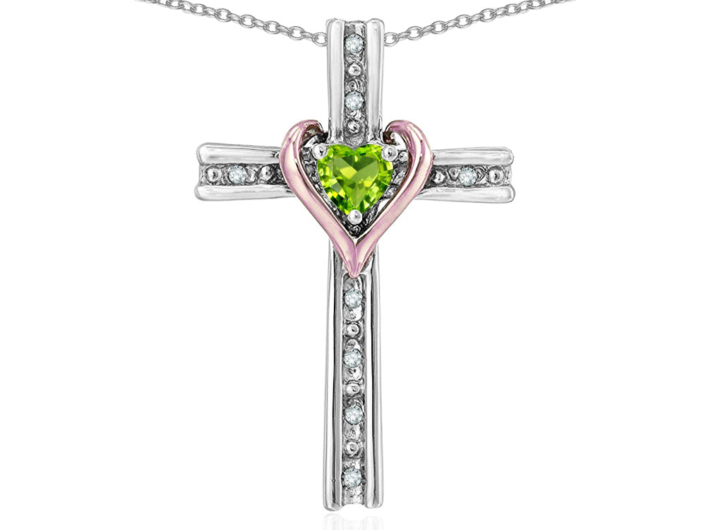 Star K 10k Rose Gold Two Tone Love Cross with Genuine Peridot Heart Stone Pendant Necklace