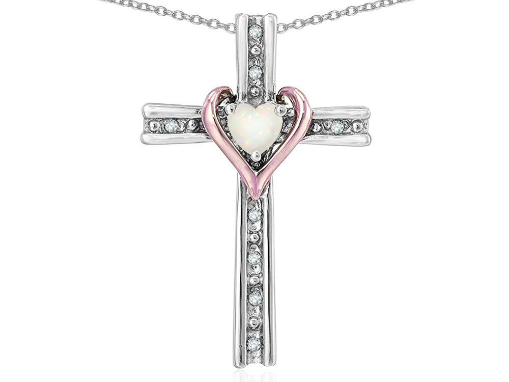 Star K 10k Rose Gold Two Tone Love Cross with Genuine Opal Heart Stone Pendant Necklace