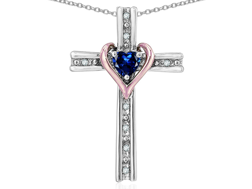Star K 10k Rose Gold Two Tone Love Cross with Created Sapphire Heart Stone Pendant Necklace