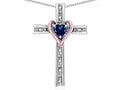 Star K 10k Rose Gold Two Tone Love Cross with Created Sapphire Heart Stone Pendant Necklace