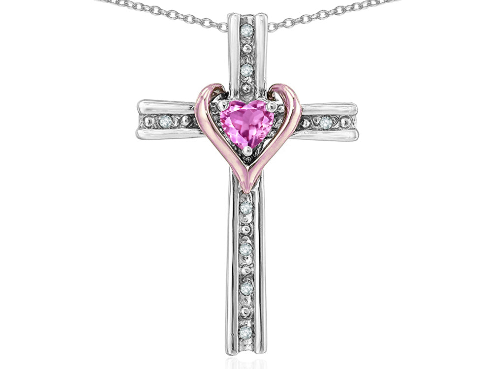 Star K 10k Rose Gold Two Tone Love Cross with Created Pink Sapphire Heart Stone Pendant Necklace