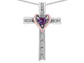 Star K 10k  Rose Gold Two Tone Love Cross with Simulated Alexandrite Heart Stone Pendant Necklace