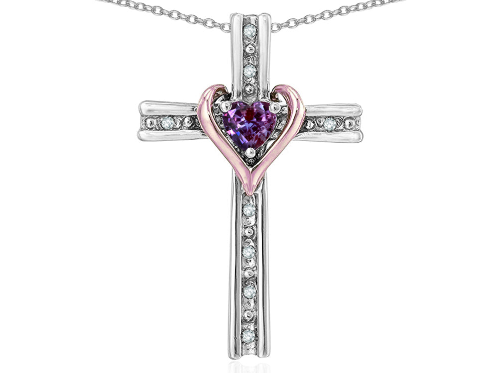 Star K 10k  Rose Gold Two Tone Love Cross with Simulated Alexandrite Heart Stone Pendant Necklace