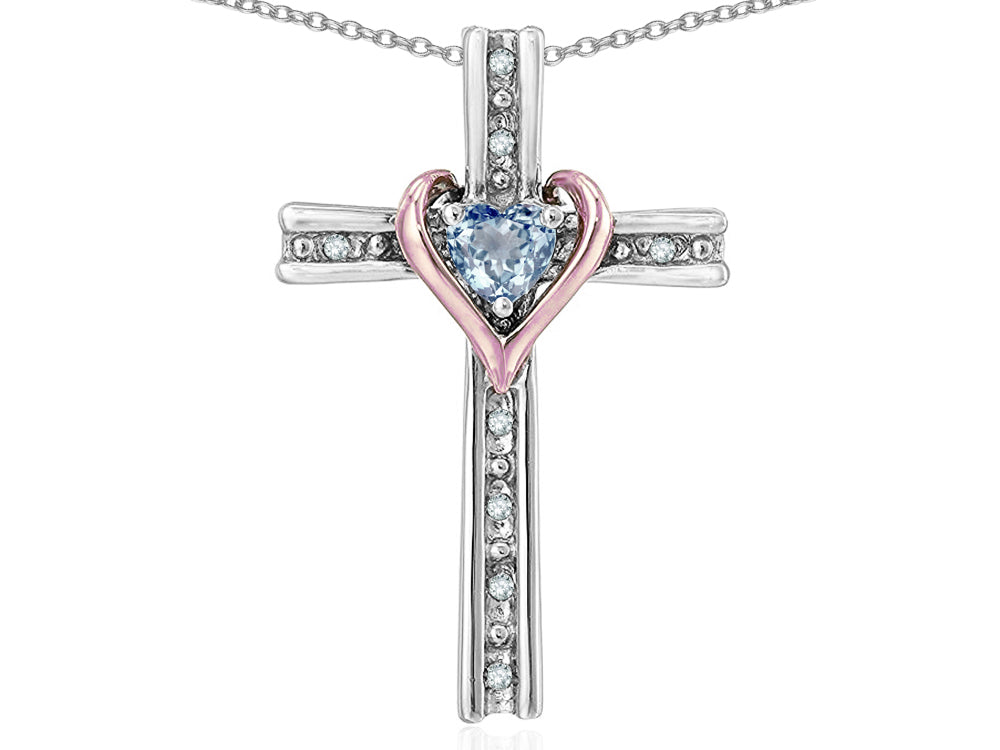 Star K 10k Rose Gold Two Tone Love Cross with Simulated Aquamarine Heart Stone Pendant Necklace