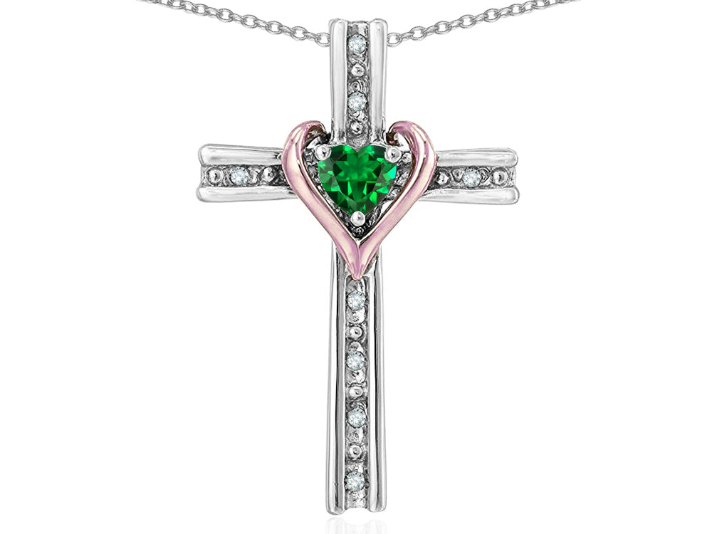 Star K 10k Rose Gold Two Tone Love Cross with Simulated Emerald Heart Stone Pendant Necklace