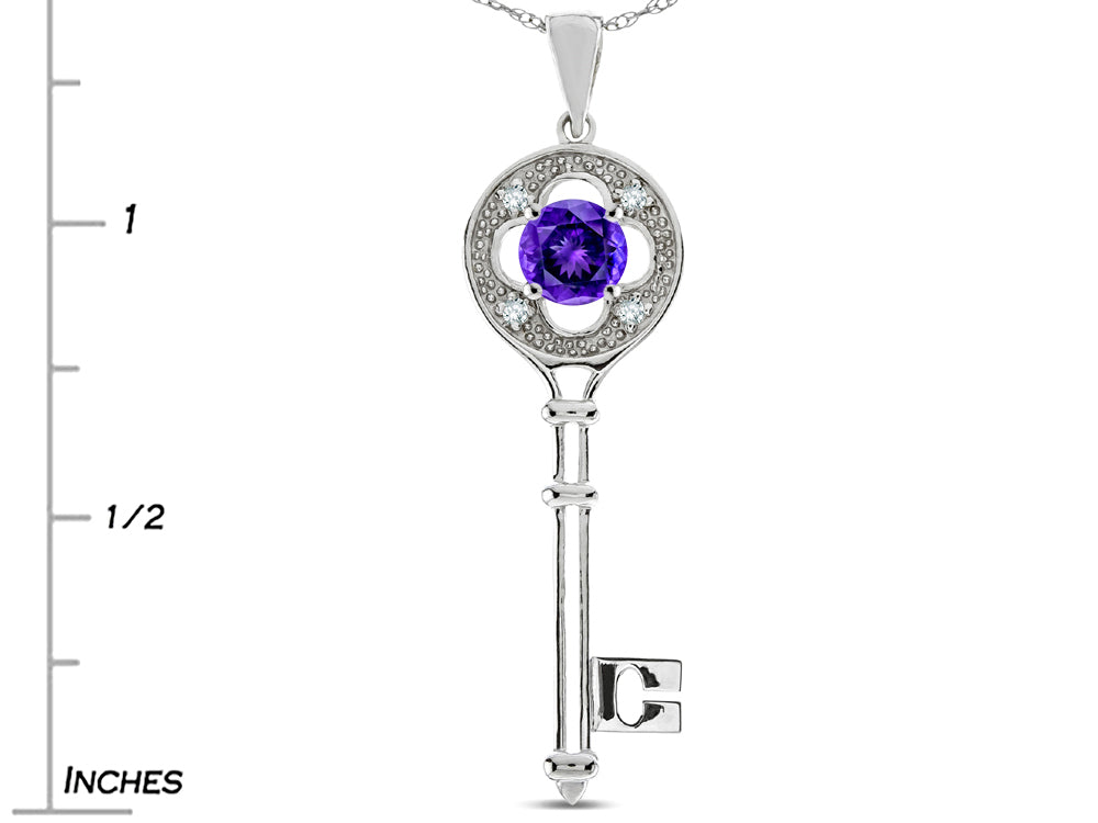 Star K  Key to my Heart Clover Key Pendant Necklace with Round Genuine Amethyst