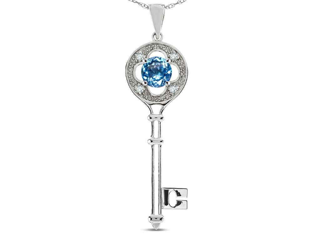 Star K  Key to my Heart Clover Key Pendant Necklace with Round Genuine Blue Topaz