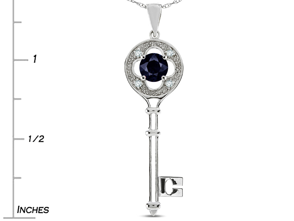 Star K  Key to my Heart Clover Key Pendant Necklace with Round Genuine Black Sapphire