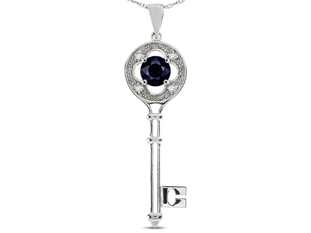 Star K  Key to my Heart Clover Key Pendant Necklace with Round Genuine Black Sapphire