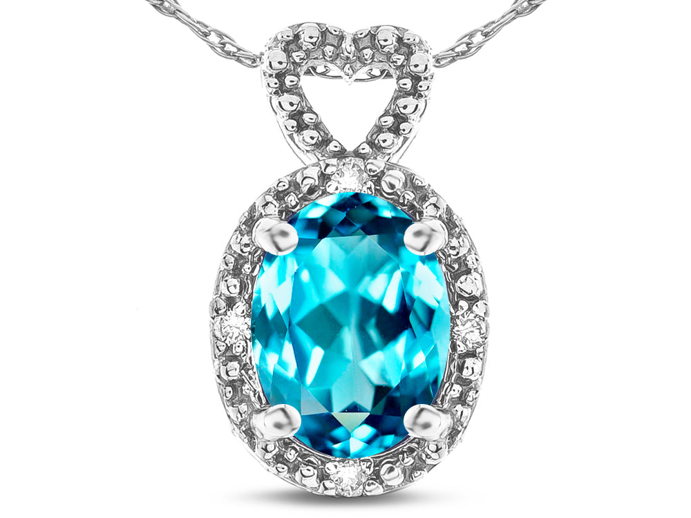 Star K  Oval 8x6mm Genuine Blue Topaz Vintage Antique Look Heart Pendant Necklace