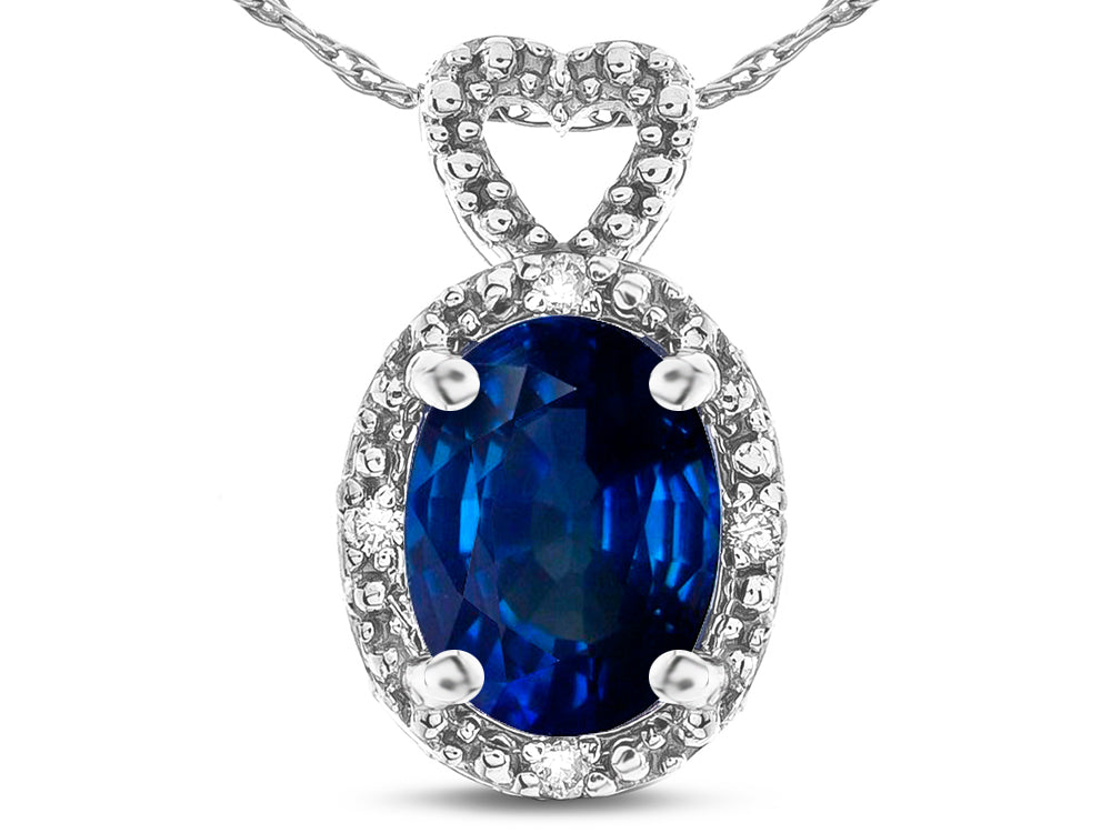 Star K  Oval 8x6mm Created Sapphire Vintage Antique Look Heart Pendant Necklace