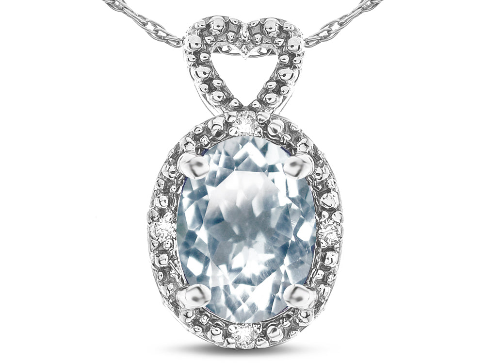 Star K  Oval 8x6mm Genuine Aquamarine Vintage Antique Look Heart Pendant Necklace
