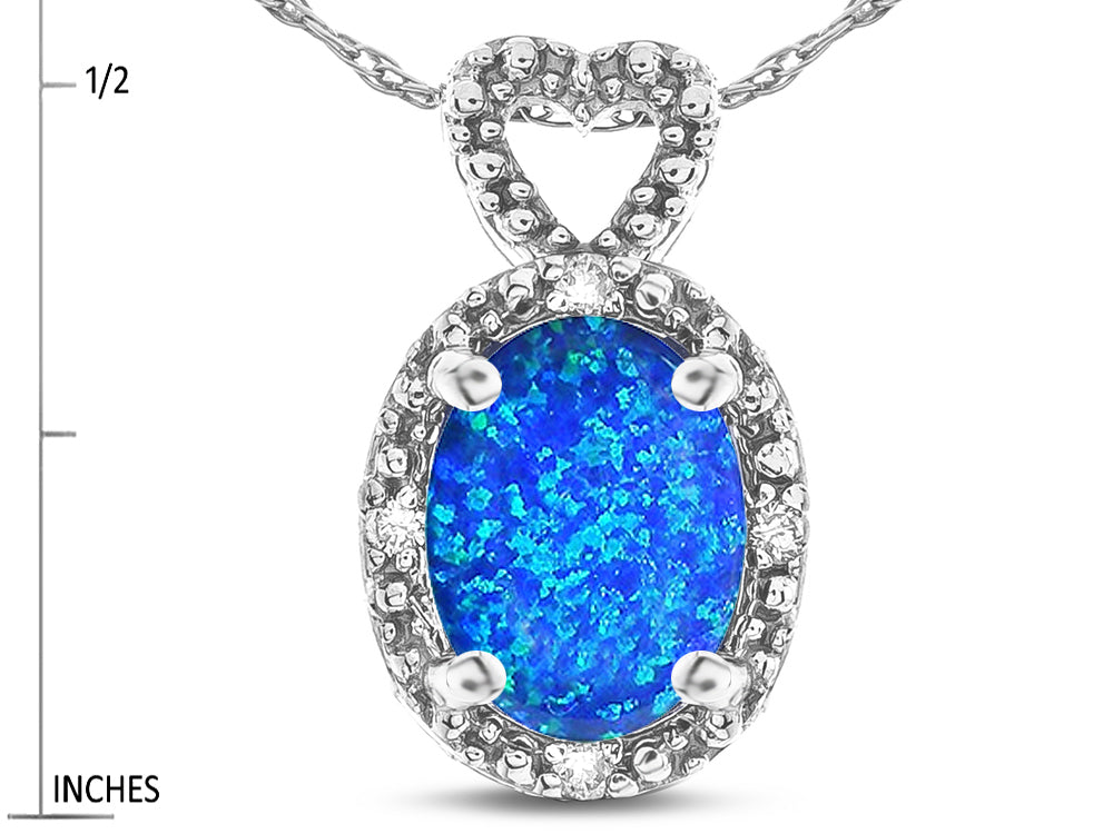 Star K  Oval 8x6mm Created Blue Opal Vintage Antique Look Heart Pendant Necklace