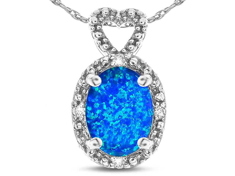 Star K  Oval 8x6mm Created Blue Opal Vintage Antique Look Heart Pendant Necklace
