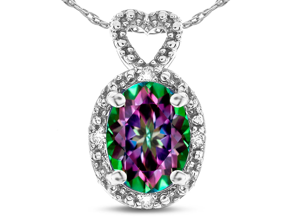Star K  Oval 8x6mm Rainbow Mystic Topaz Vintage Antique Look Heart Pendant Necklace