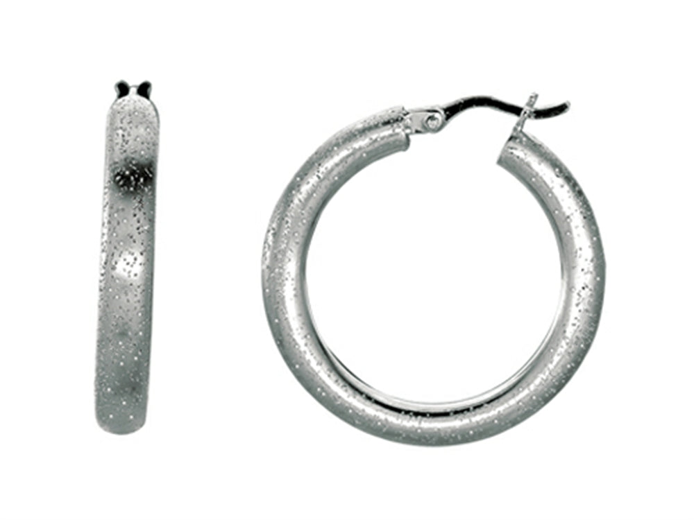 Finejewelers Rhodium Plated Textured Stardust Bright Cut Roud Hoop Earrings