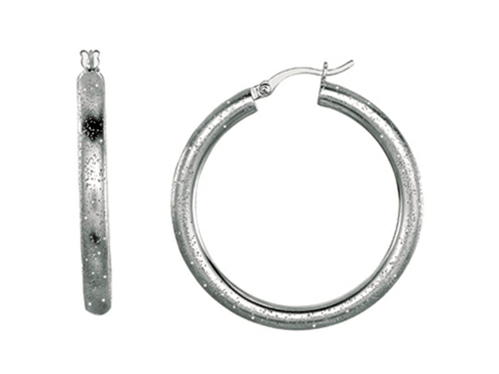 Finejewelers Sterling Silver with Rhodium Textured Stardust Bright Cut Roud Hoop Earrings
