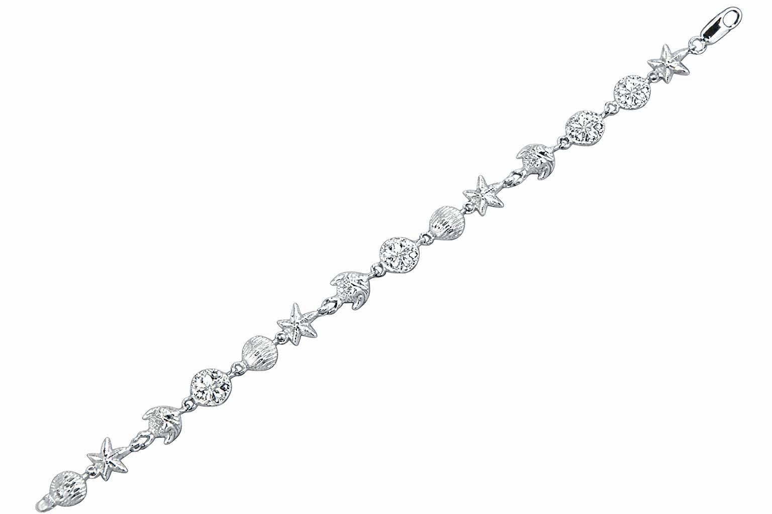 Finejewelers 925 Sterling Silver  7.25 Inch Starfish, Shell Flat Round Link Sea Life Bracelet Lobster
