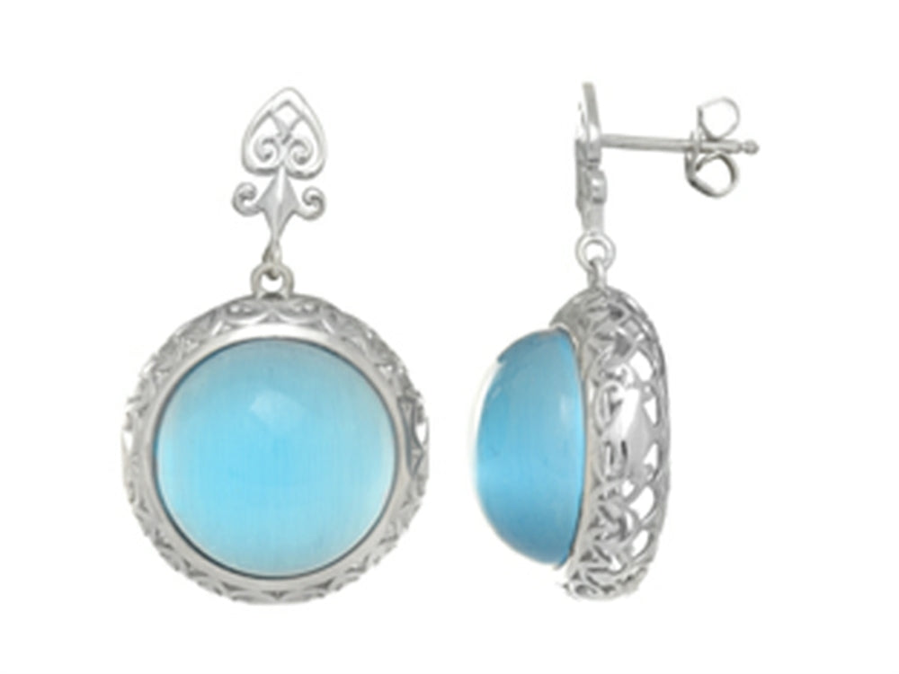 Finejewelers Sterling Silver Light Blue Round Simulated Cat's Eye Drop Earrings