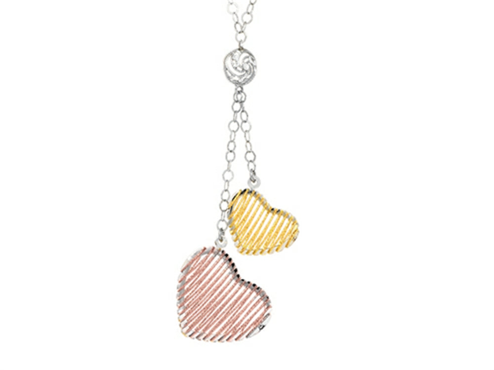 Finejewelers Sterling Silver Rose and Yellow Finish Shiny Bright Cut Hearts Bird's Nest Ladies Necklace