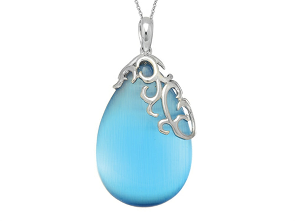 Finejewelers Sterling Silver Blue Simulated Cat's Eye Ladies Pendant Necklace