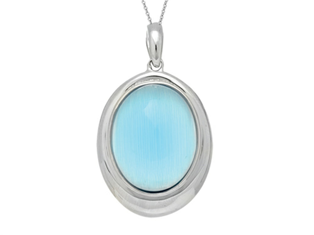 Finejewelers Sterling Silver Light Blue Oval Simulated Cat's Eye Ladies Pendant Necklace