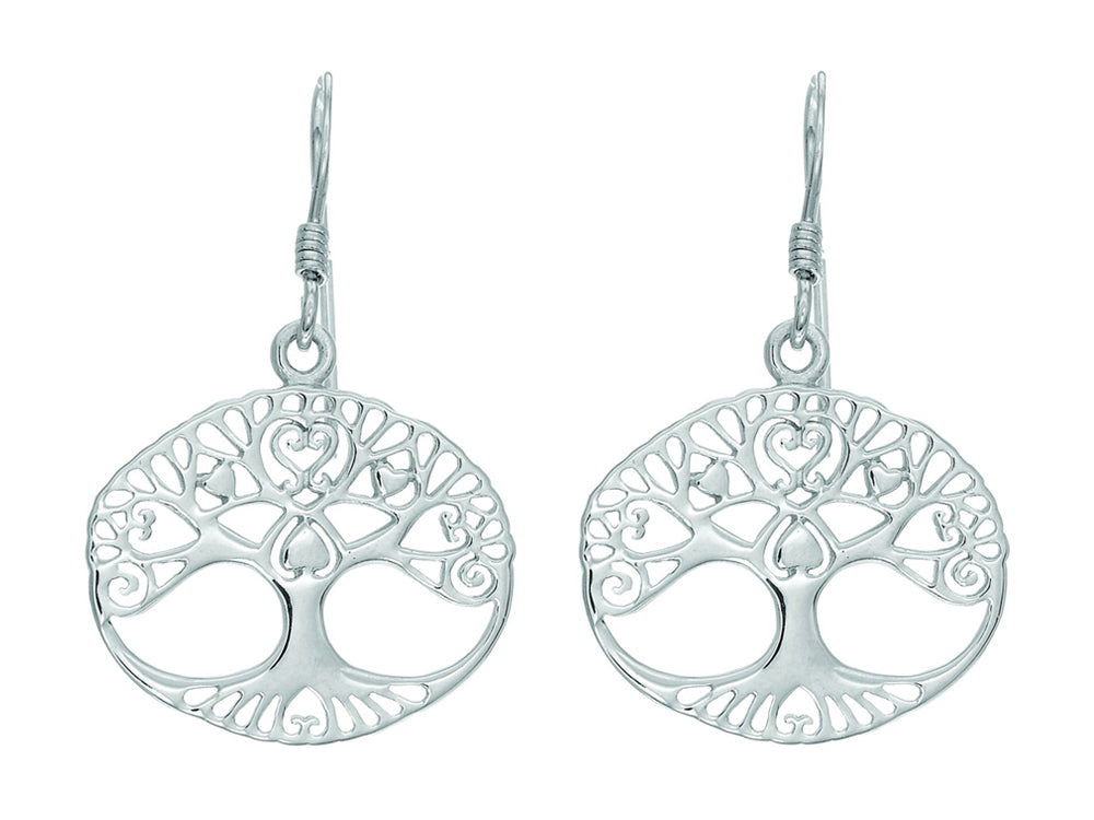 Finejewelers Silver with Rhodium Finish Shiny Oval Tree Of Life Stencil Design Drop Earrings
