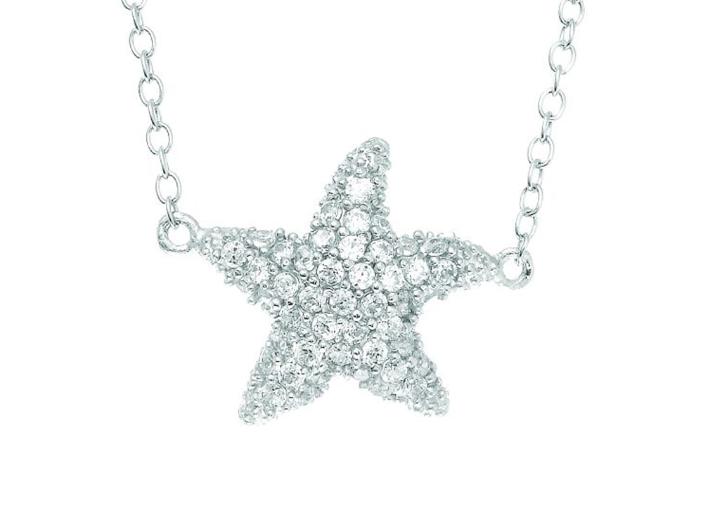 Finejewelers Silver with Rhodium Finish Shiny Cable Starfish Necklace with White Cubic Zirconia