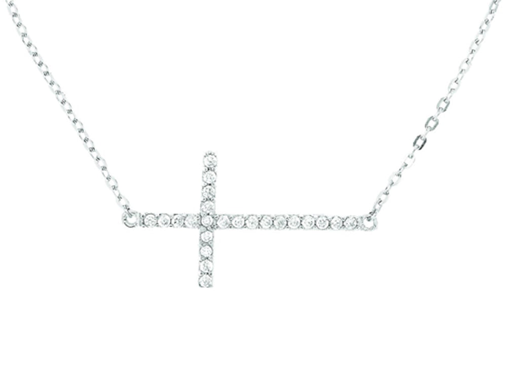 Finejewelers Sterling Silver Rhodium Finish Sideways Cross Bracelet with Cubic Zirconia (CZ's)