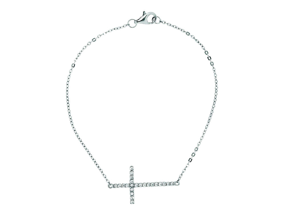 Finejewelers Sterling Silver Rhodium Finish Sideways Cross Bracelet with Cubic Zirconia (CZ's)